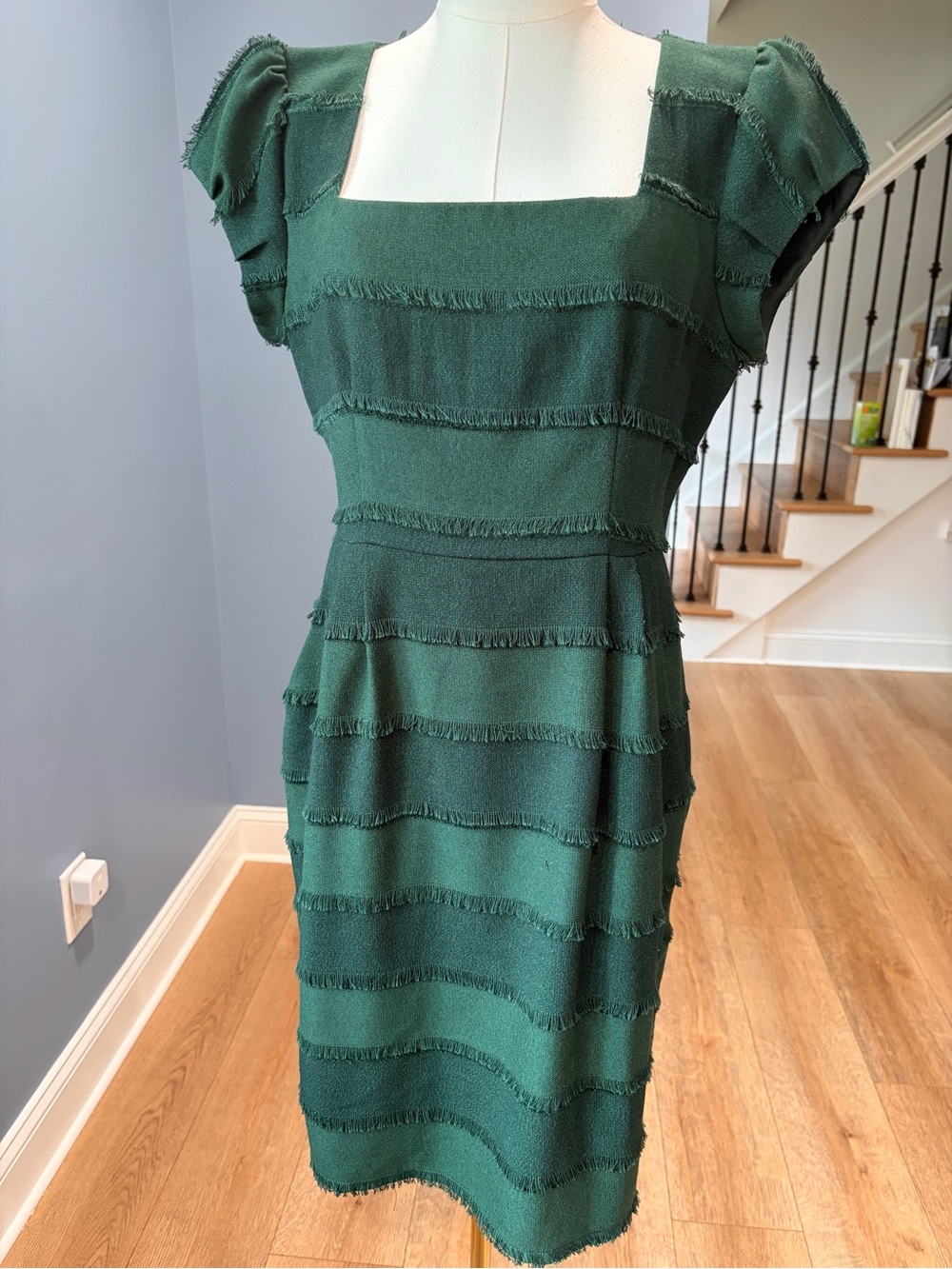 nanette lepore green dress Fringe Tiered Wool Blend Sheath Size 10 _okendo:syndication_key:CL135868324